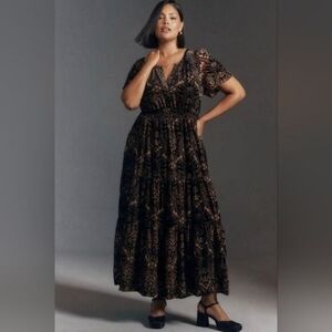 Anthropologie "Somerset" Maxi Dress in Tan and Black Velvet Floral Lace